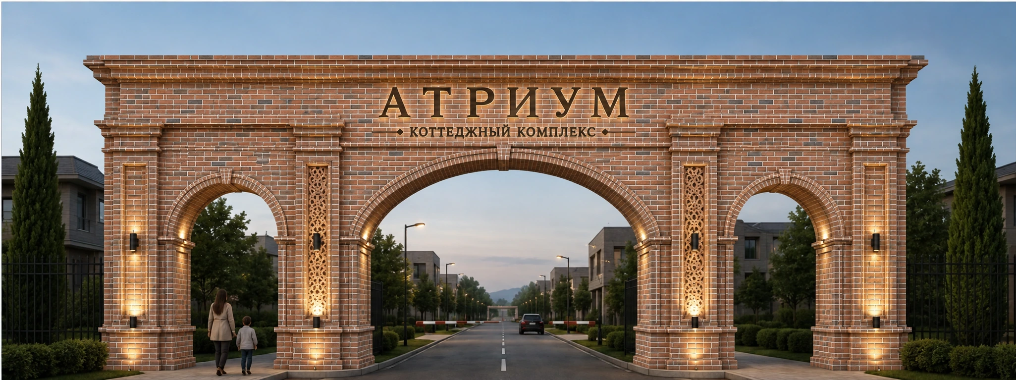 Трёхпролётная въездная арка «Атриум» в кирпиче «Готик-антик» с белым швом, архитектурная концепция Nortun
